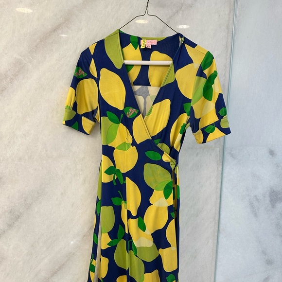 Lilly Pulitzer Blue and Yellow Lemon Print Midi Wrap Dress - Picture 1 of 2